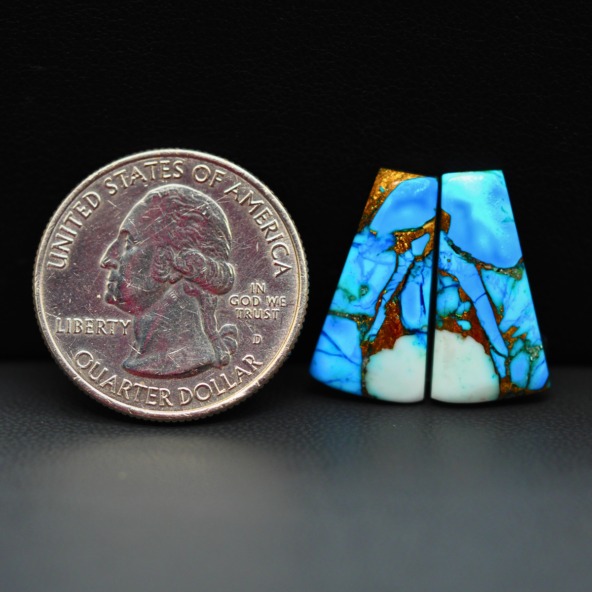 Kingman Ice Blue Dahlia Composite Trapezoid Cabochon Pair 21x10x3mm 12ct - icy blue and white stone with copper veining - Pedra Gems