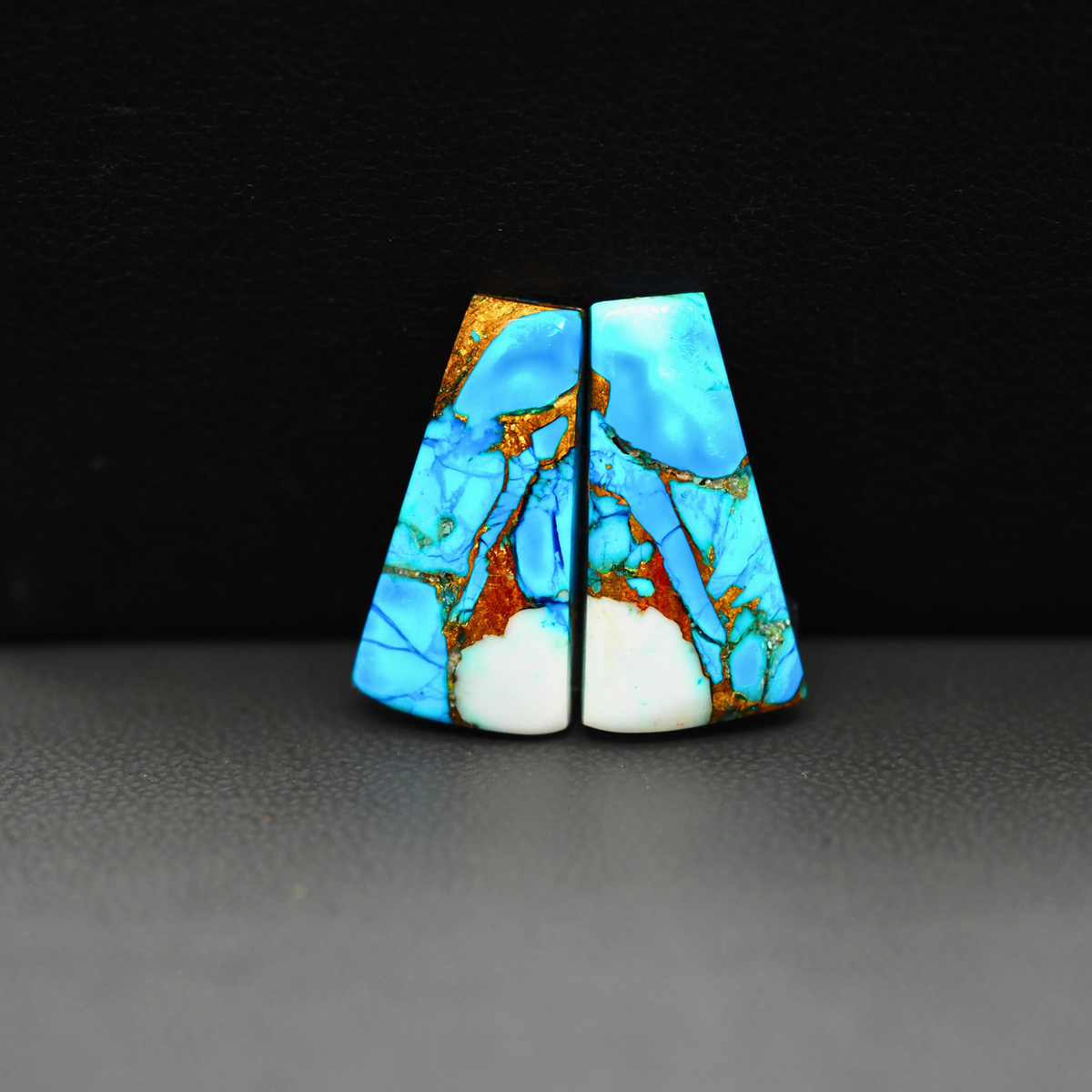 Kingman Ice Blue Dahlia Composite Trapezoid Cabochon Pair 21x10x3mm 12ct - icy blue and white stone with copper veining - Pedra Gems