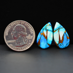 Kingman Ice Blue Dahlia Composite Pear Cabochon Pair 21x12x3mm 15.5ct - icy blue and white stone with copper veining - Pedra Gems