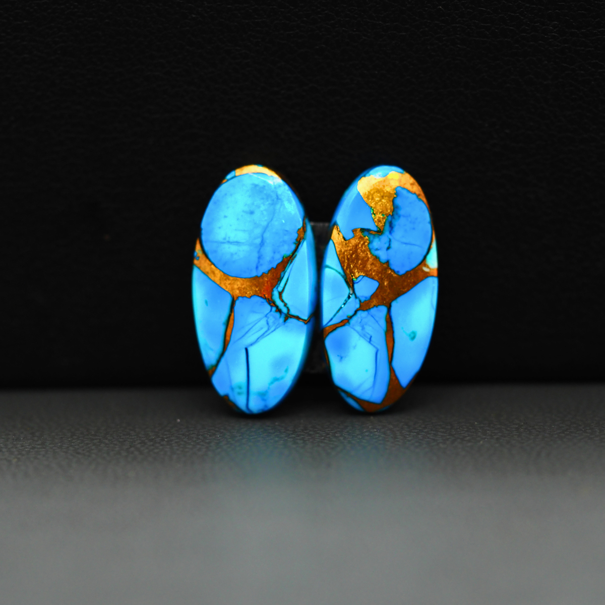 Kingman Ice Blue Dahlia Composite Oval Cabochon Pair 20x10x3mm 14.5ct - icy blue and white stone with copper veining - Pedra Gems
