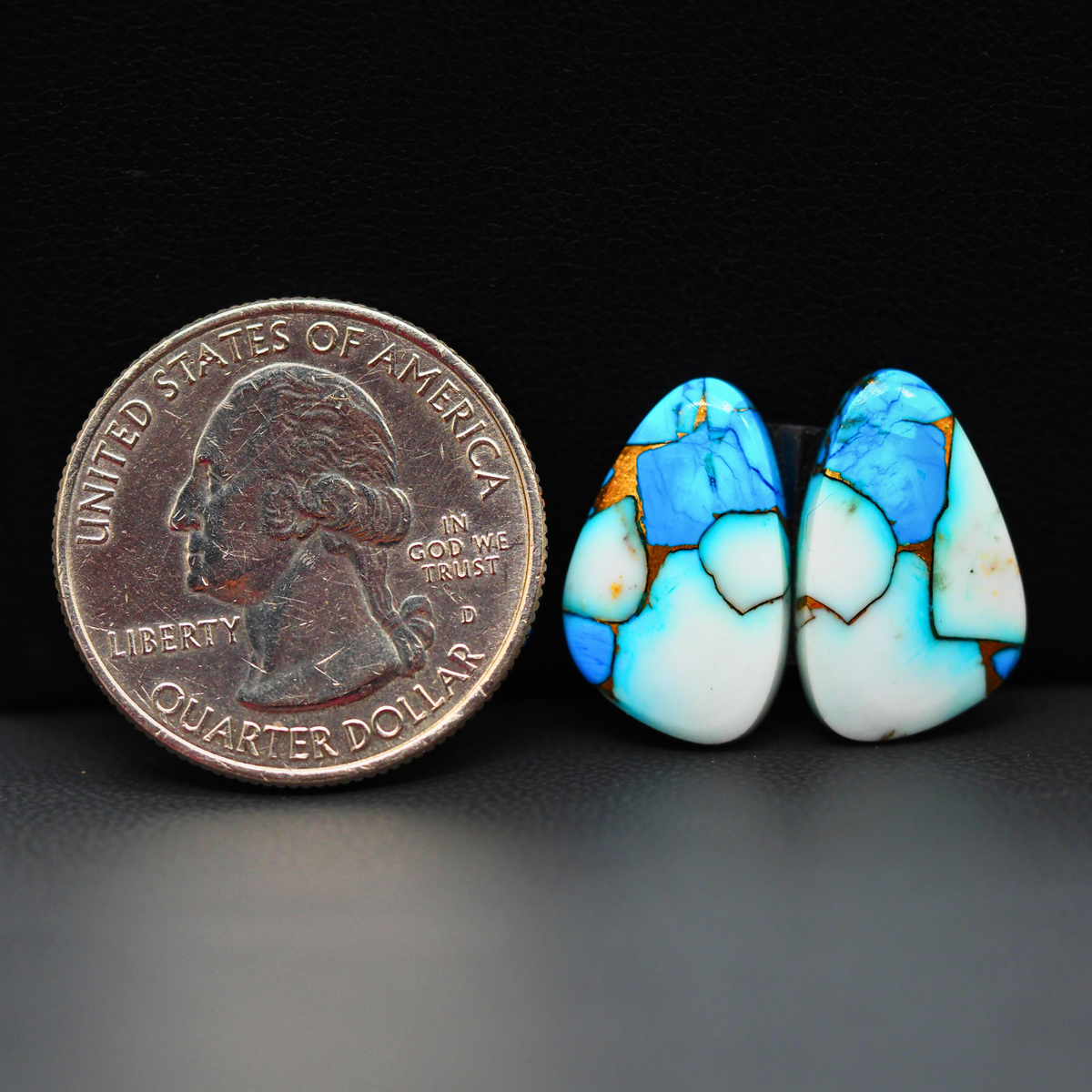 Kingman Ice Blue Dahlia Composite Freeform Cabochon Pair 18x12x3mm 11.5ct - icy blue and white stone with copper veining - Pedra Gems