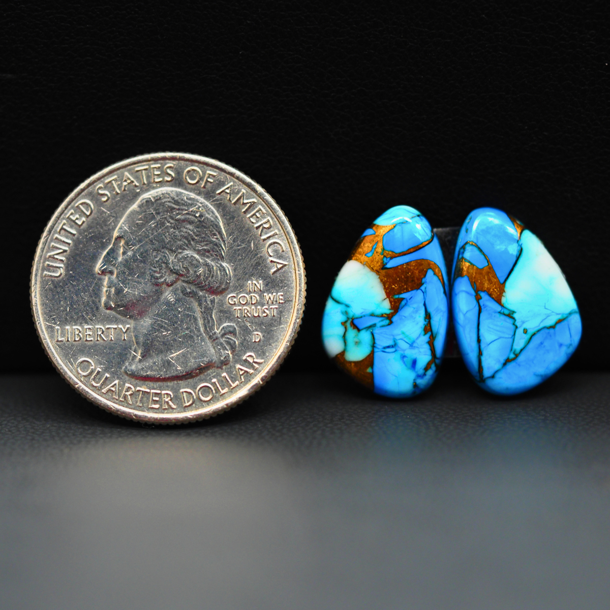 Kingman Ice Blue Dahlia Composite Freeform Cabochon Pair 17x11x3mm 11ct - icy blue and white stone with copper veining - Pedra Gems