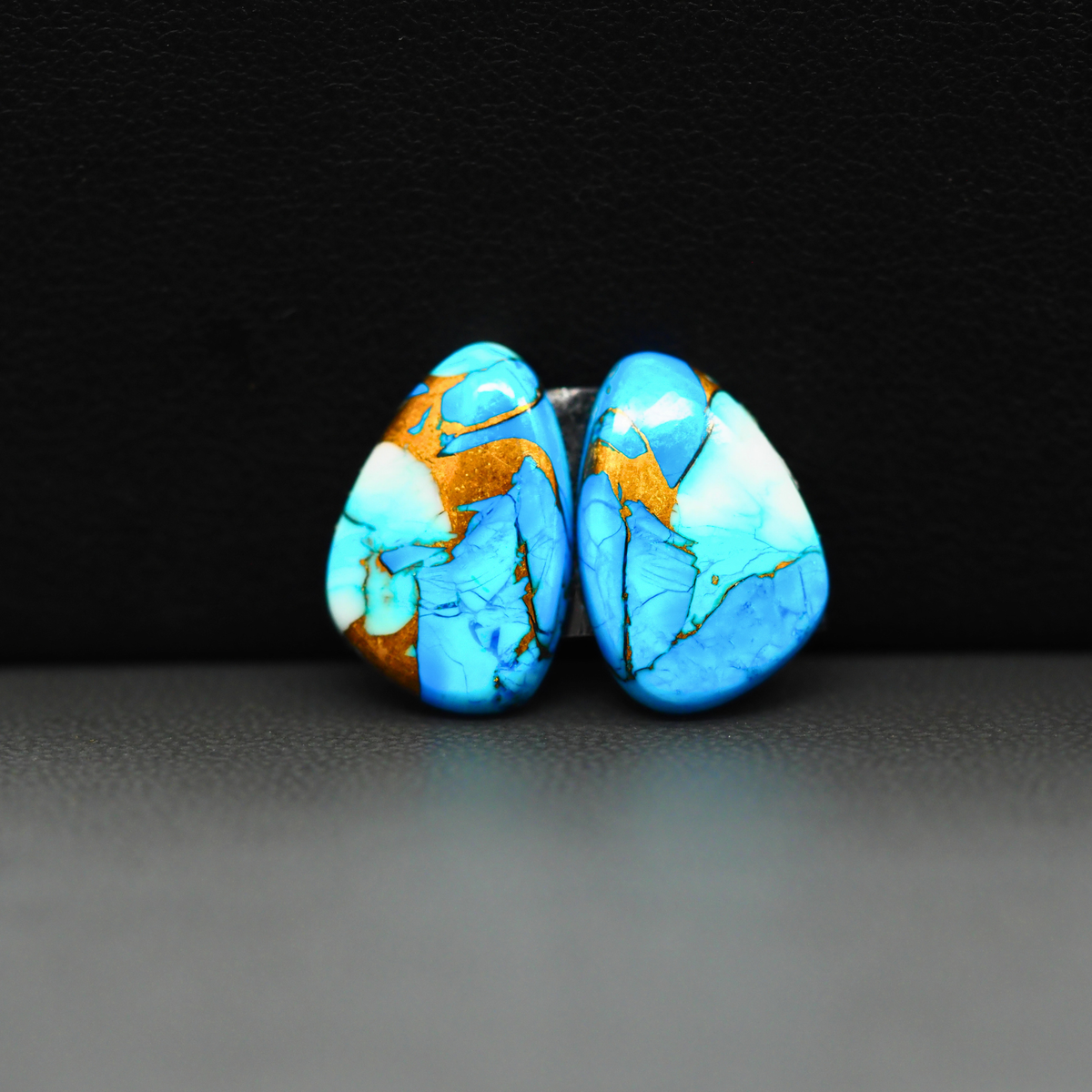 Kingman Ice Blue Dahlia Composite Freeform Cabochon Pair 17x11x3mm 11ct - icy blue and white stone with copper veining - Pedra Gems