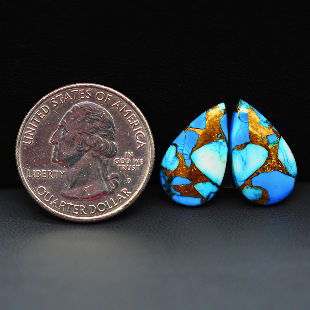 Kingman Ice Blue Dahlia Composite Pear Cabochon Pair 19x11x3mm 12ct - icy blue and white stone with copper veining - Pedra Gems
