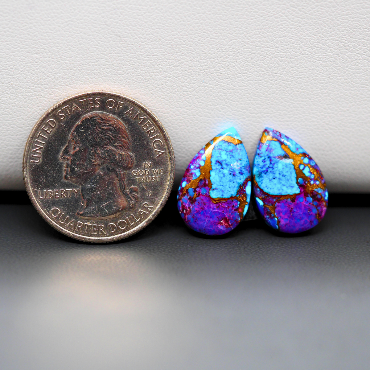 Stabilized Purple Mohave (Mojave) Turquoise pear cabochon pair 17x11x3mm 12ct - purple with blue Kingman turquoise nuggets - photo 1 - Pedra Gems.