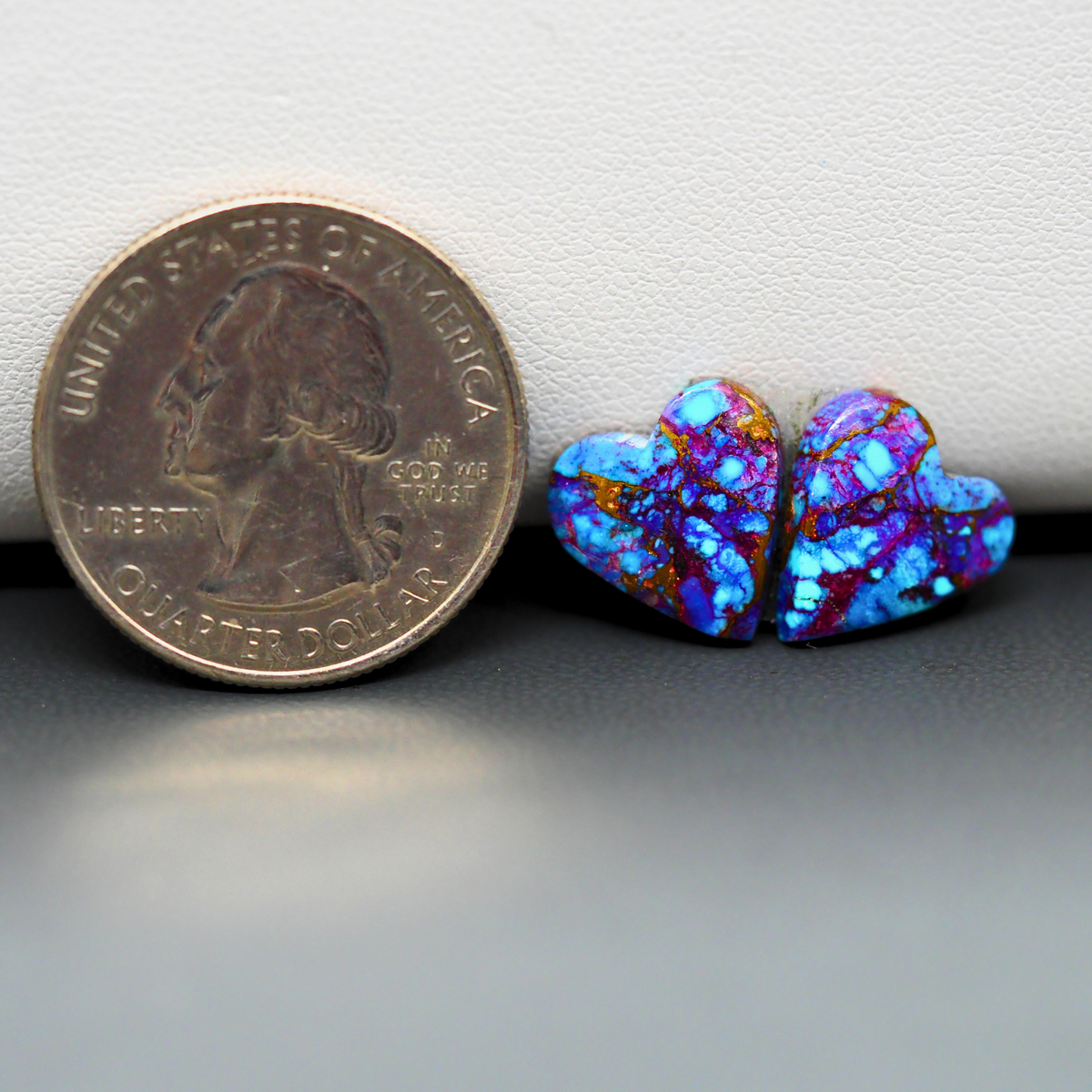 Stabilized Purple Mohave (Mojave) Turquoise heart cabochon pair 12x12x3mm 8.5ct - purple with blue Kingman turquoise nuggets - photo 1 - Pedra Gems.