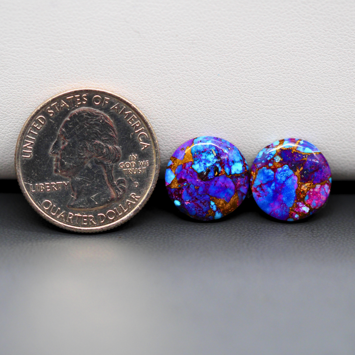 Stabilized Purple Mohave (Mojave) Turquoise round cabochon pair 14x14x3mm 11ct - purple with blue Kingman turquoise nuggets - photo 1 - Pedra Gems.