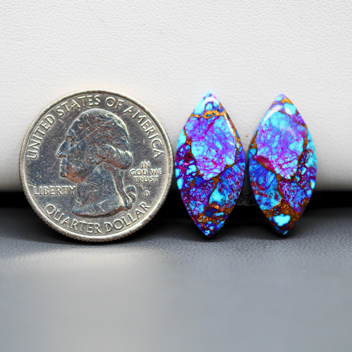 Stabilized Purple Mohave (Mojave) Turquoise marquise cabochon pair 22x11x3mm 13ct - purple with blue Kingman turquoise nuggets - photo 1 - Pedra Gems.