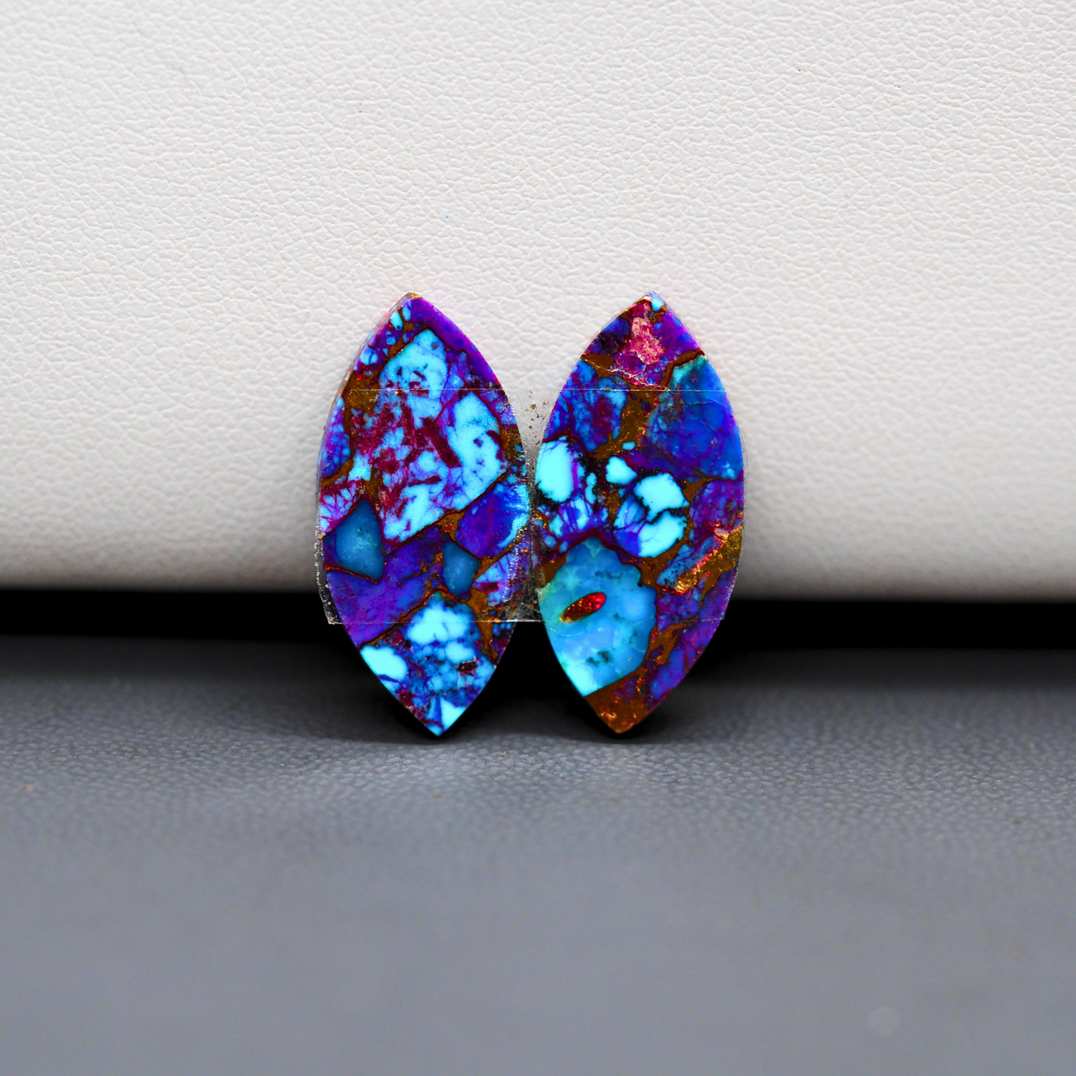 Stabilized Purple Mohave (Mojave) Turquoise marquise cabochon pair 22x11x3mm 13.5ct - purple with blue Kingman turquoise nuggets - photo 3 - Pedra Gems.
