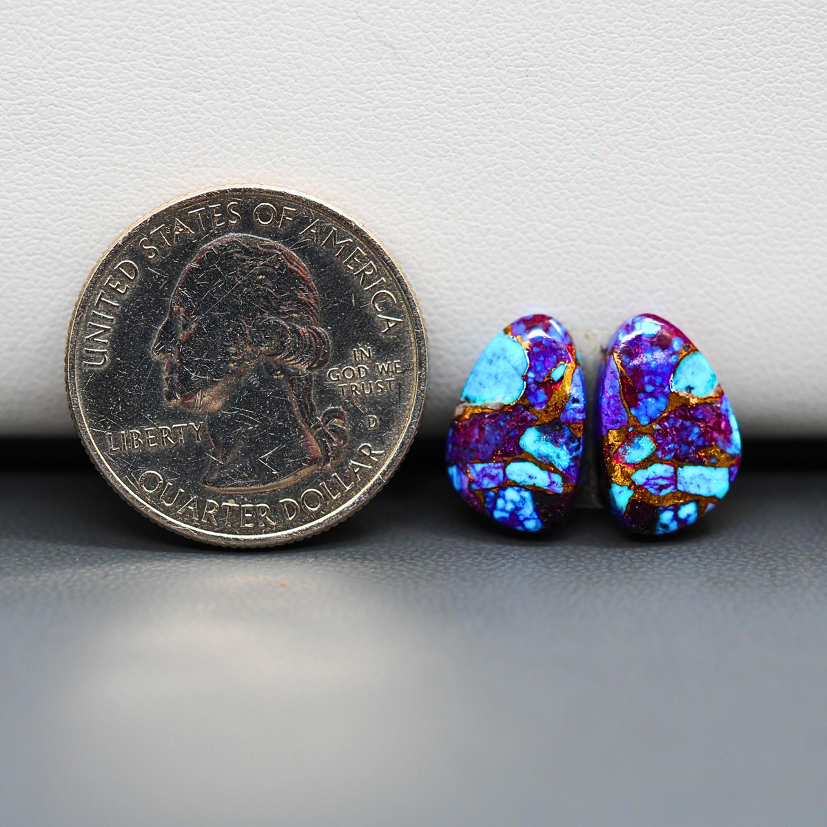 Stabilized Purple Mohave (Mojave) Turquoise freeform cabochon pair 15x9x3mm 9ct - purple with blue Kingman turquoise nuggets - photo 1 - Pedra Gems.