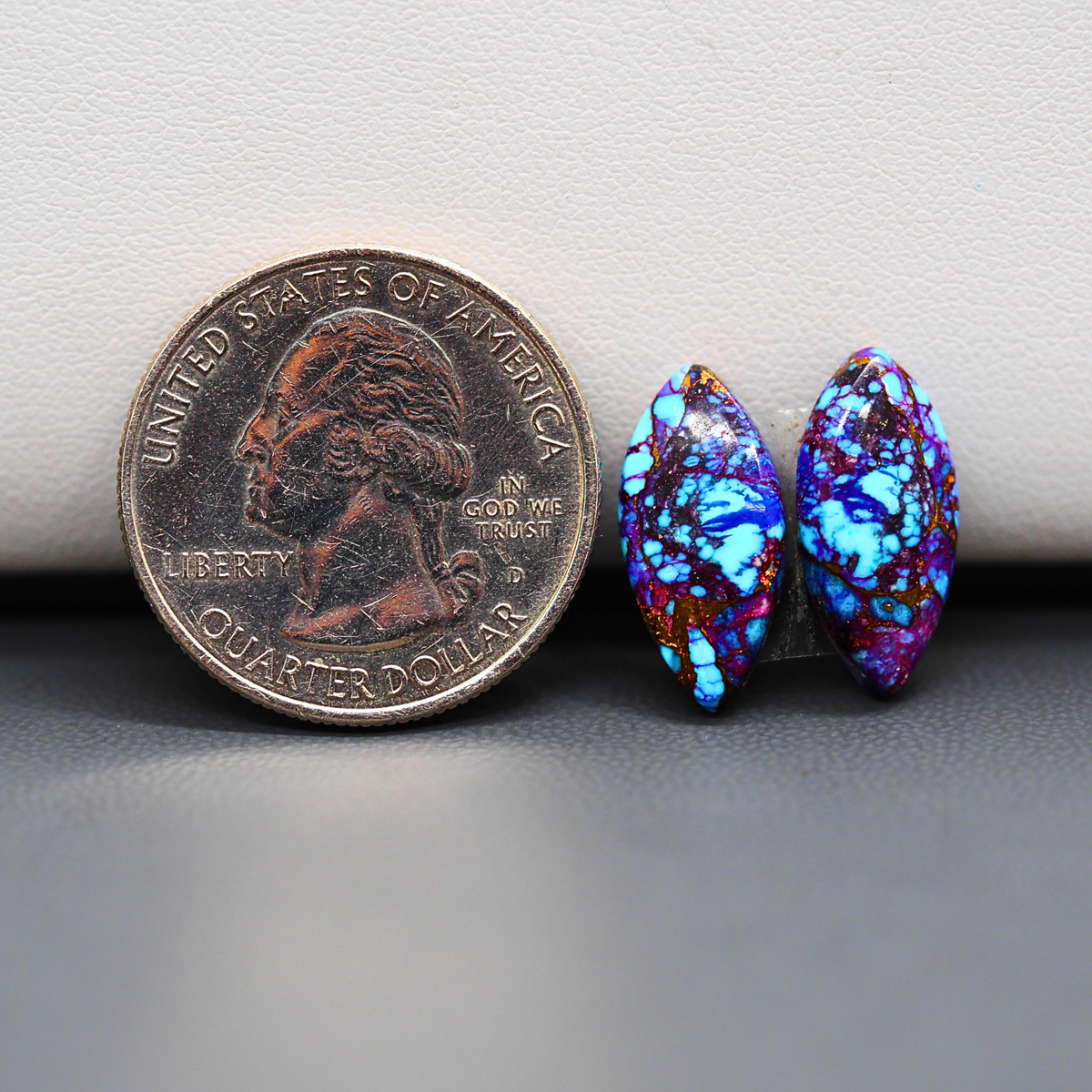 Stabilized Purple Mohave (Mojave) Turquoise marquise cabochon pair 17x8x3mm 8.5ct - purple with blue Kingman turquoise nuggets - photo 1 - Pedra Gems.