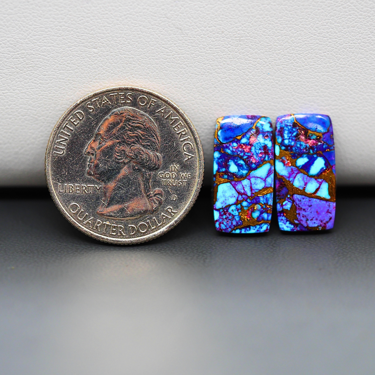 Stabilized Purple Mohave (Mojave) Turquoise baguette cabochon pair 18x9x3mm 12ct - purple with blue Kingman turquoise nuggets - photo 1 - Pedra Gems.