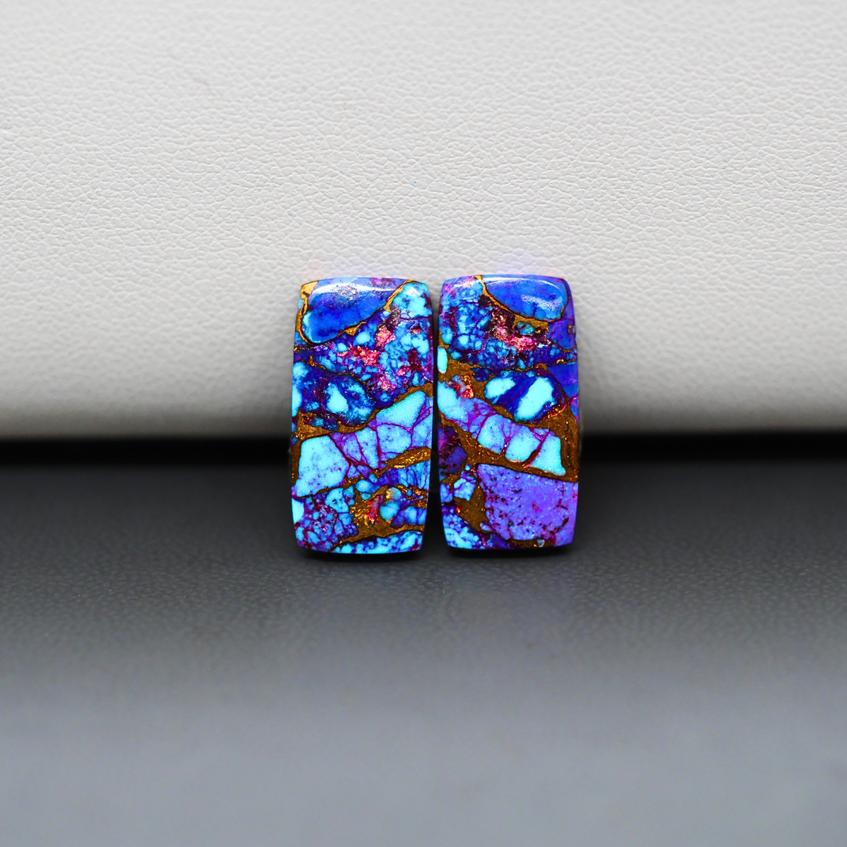 Stabilized Purple Mohave (Mojave) Turquoise baguette cabochon pair 18x9x3mm 12ct - purple with blue Kingman turquoise nuggets - photo 2 - Pedra Gems.