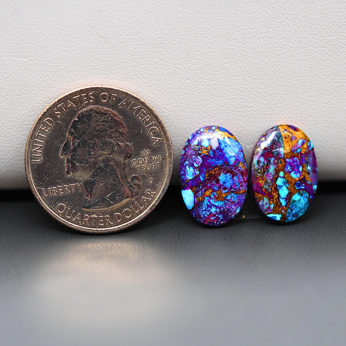 Stabilized Purple Mohave (Mojave) Turquoise oval cabochon pair 16x11x3mm 11.5ct - purple with blue Kingman turquoise nuggets - photo 1 - Pedra Gems.