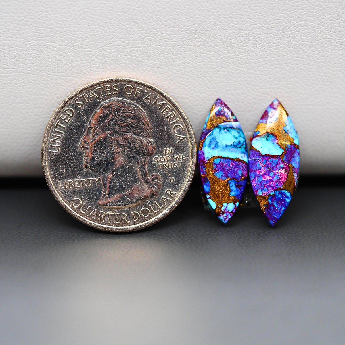 Stabilized Purple Mohave (Mojave) Turquoise marquise cabochon pair 20x7x4mm 9.5ct - purple with blue Kingman turquoise nuggets - photo 1 - Pedra Gems.