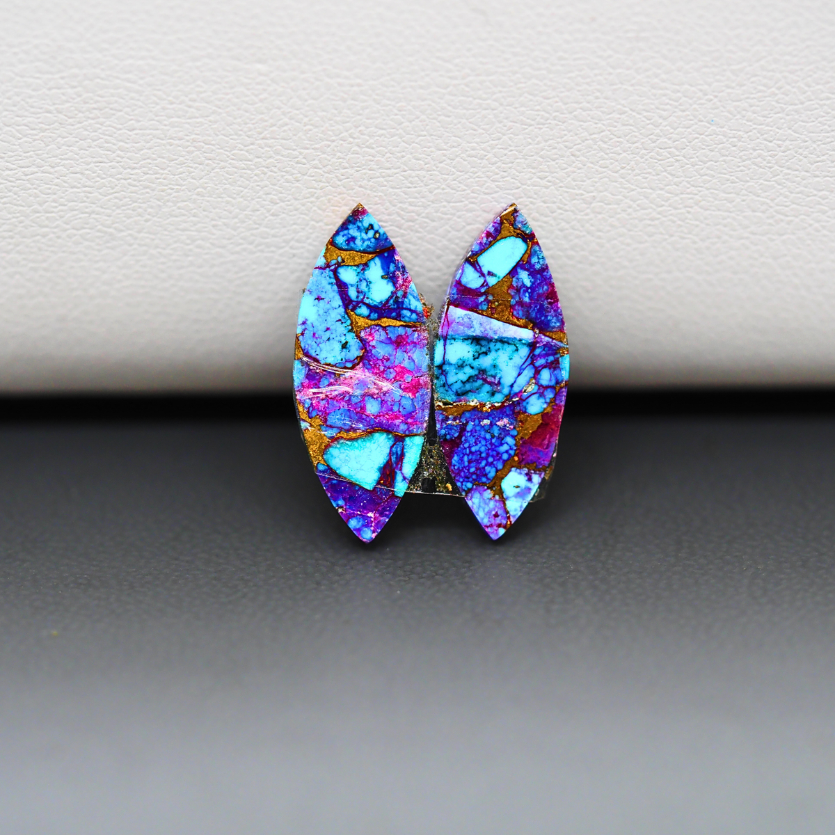 Stabilized Purple Mohave (Mojave) Turquoise marquise cabochon pair 20x7x4mm 9.5ct - purple with blue Kingman turquoise nuggets - photo 3 - Pedra Gems.