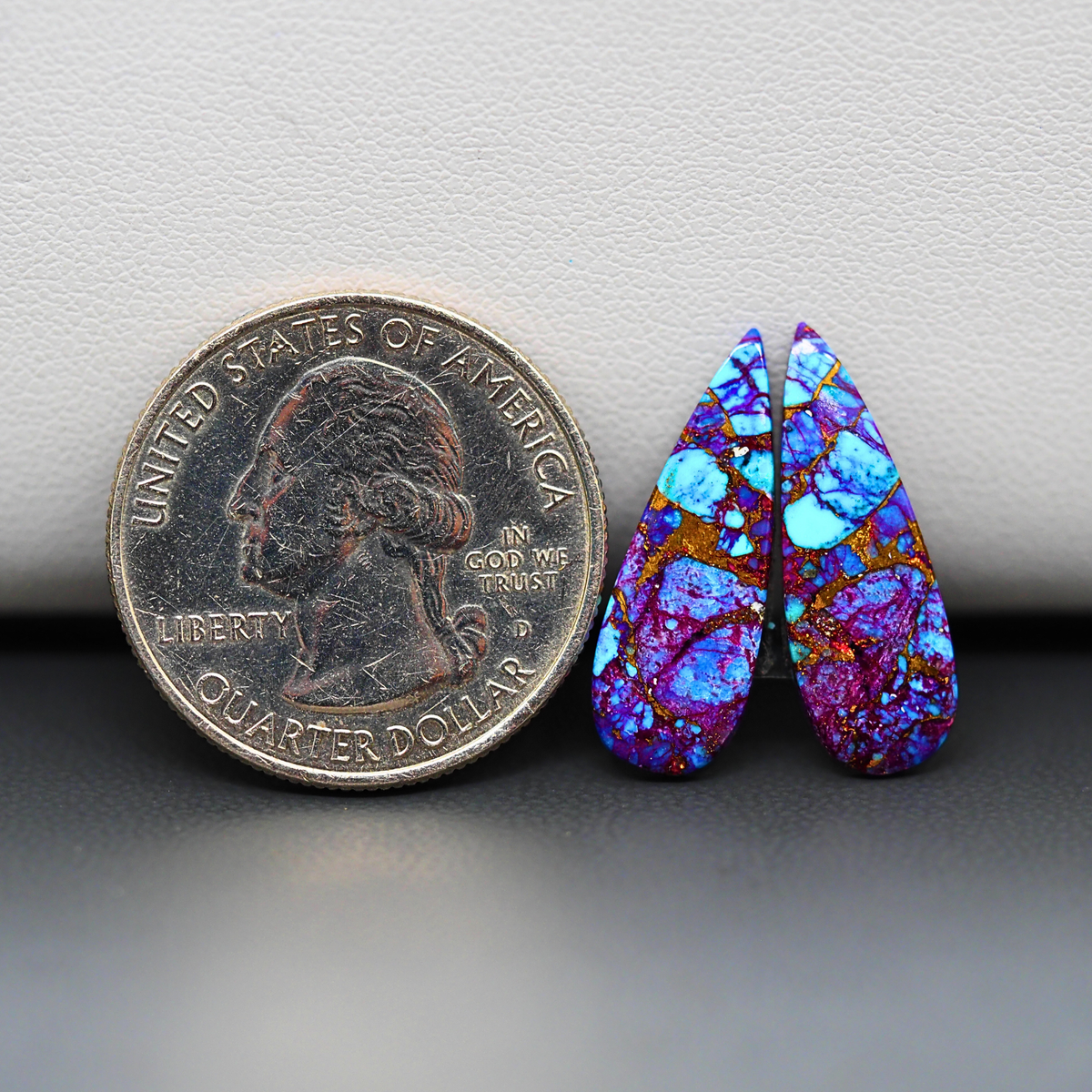 Stabilized Purple Mohave (Mojave) Turquoise pear cabochon pair 22x8x2mm 7.5ct - purple with blue Kingman turquoise nuggets - photo 1 - Pedra Gems.