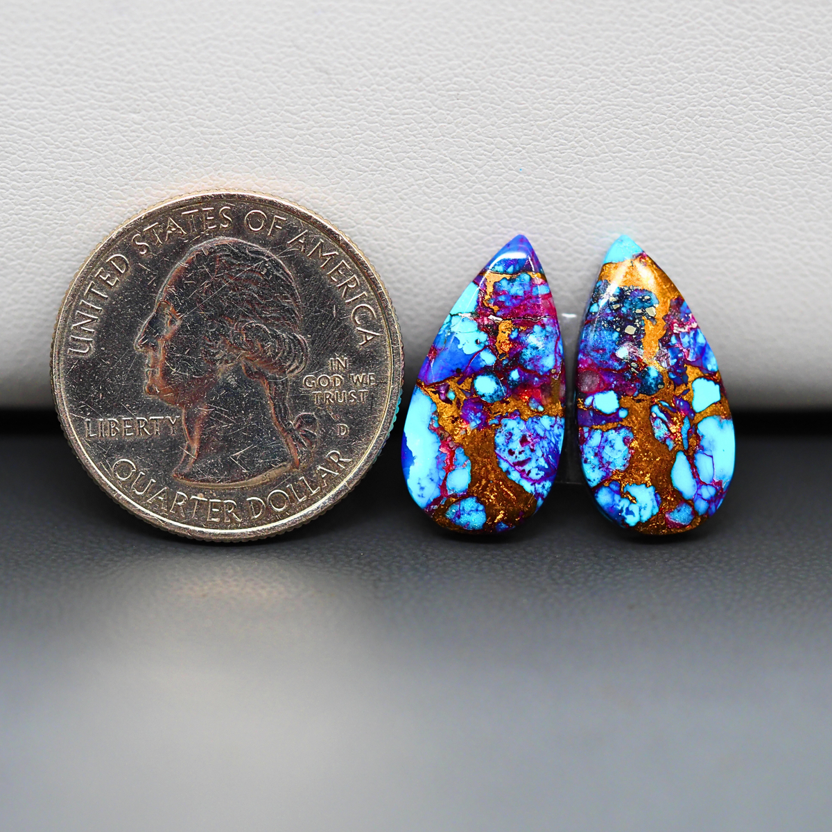 Stabilized Purple Mohave (Mojave) Turquoise pear cabochon pair 20x11x3mm 15ct - purple with blue Kingman turquoise nuggets - photo 1 - Pedra Gems.