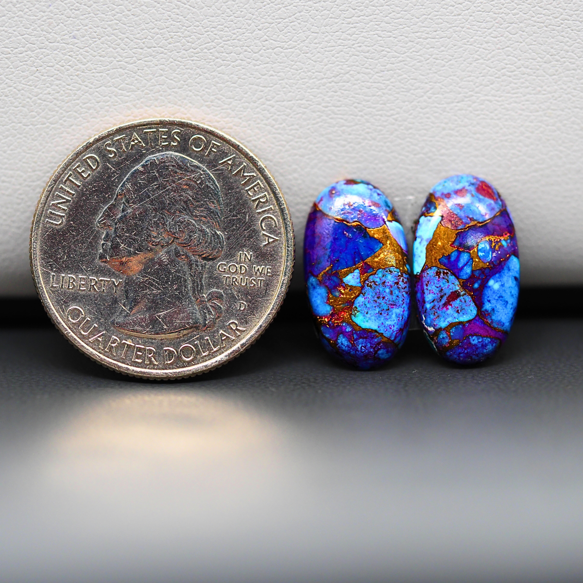 Stabilized Purple Mohave (Mojave) Turquoise oval cabochon pair 17x10x3mm 10.5ct - purple with blue Kingman turquoise nuggets - photo 1 - Pedra Gems.