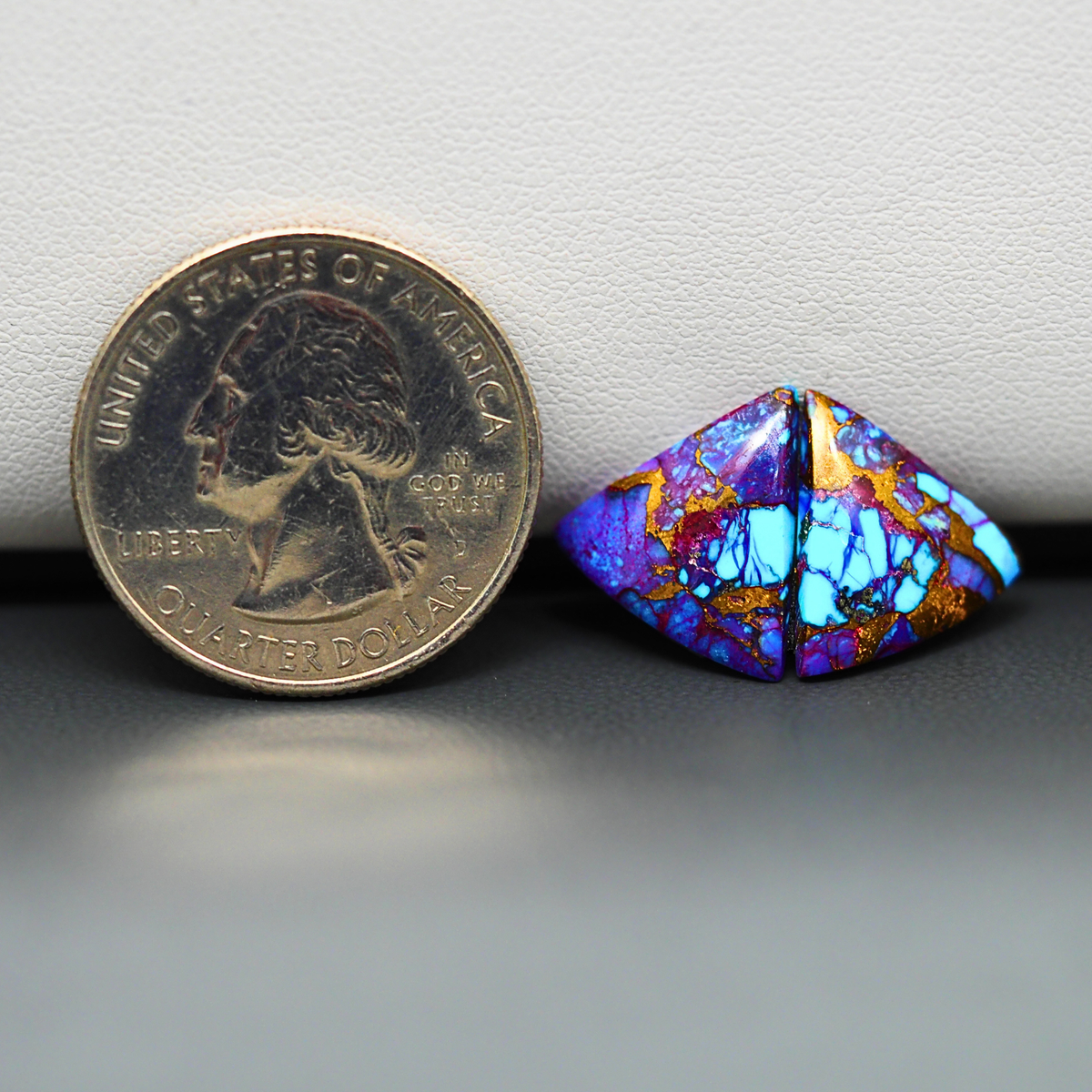 Stabilized Purple Mohave (Mojave) Turquoise trapezoid cabochon pair 14x12x3mm 7.5ct - purple with blue Kingman turquoise nuggets - photo 1 - Pedra Gems.