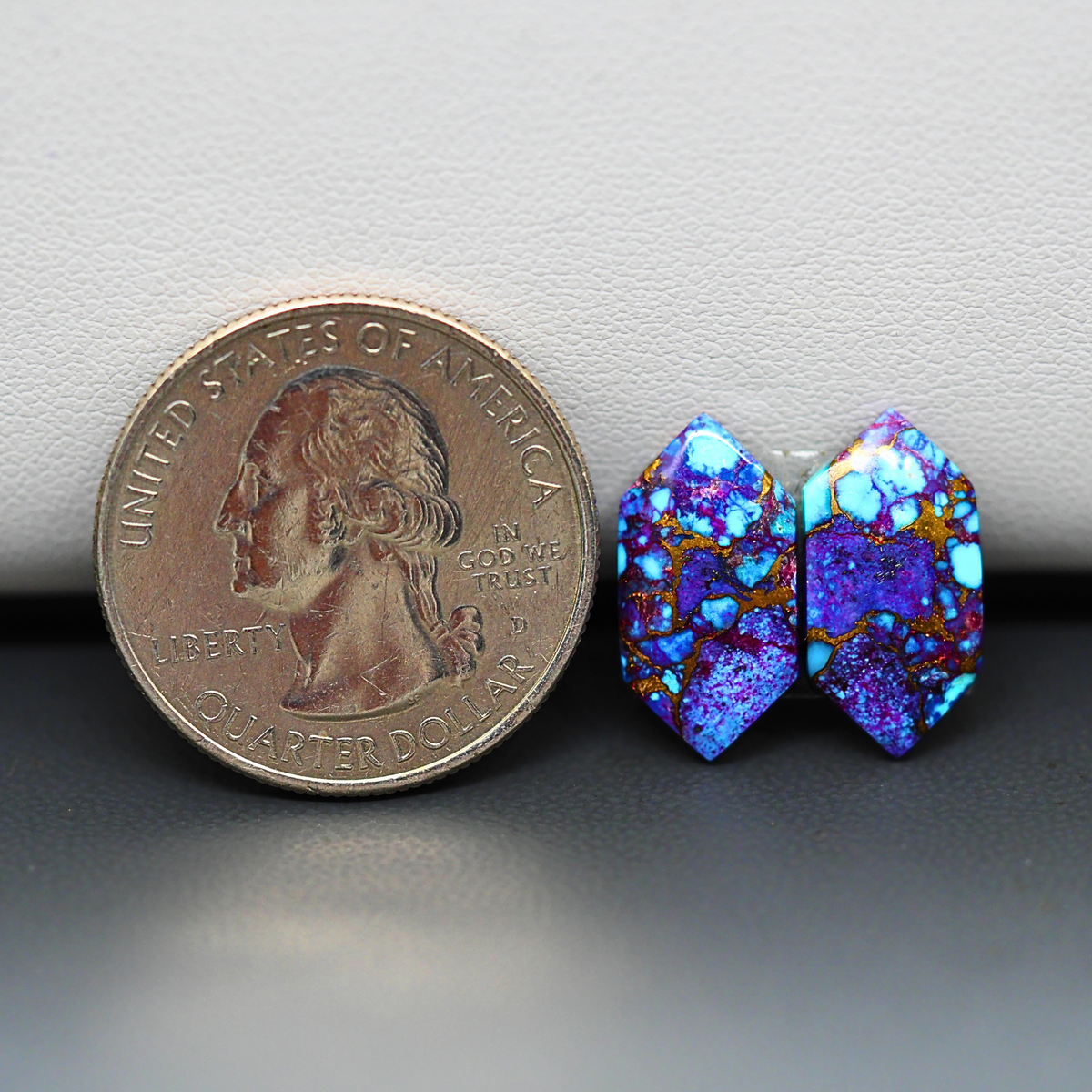 Stabilized Purple Mohave (Mojave) Turquoise hexagon cabochon pair 15x7x2mm 7.5ct - purple with blue Kingman turquoise nuggets - photo 1 - Pedra Gems.