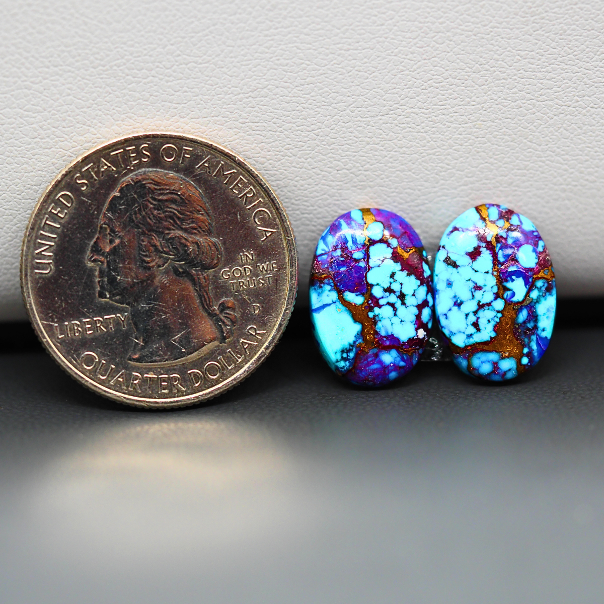 Stabilized Purple Mohave (Mojave) Turquoise oval cabochon pair 16x11x3mm 9.5ct - purple with blue Kingman turquoise nuggets - photo 1 - Pedra Gems.