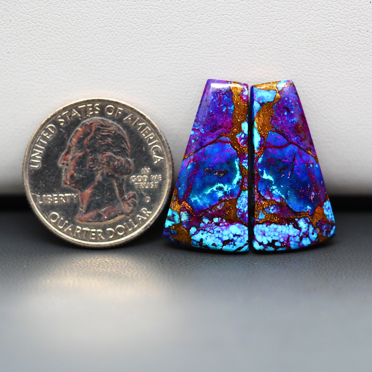 Stabilized Purple Mohave (Mojave) Turquoise trapezoid cabochon pair 26x14x4mm 16ct - purple with blue Kingman turquoise nuggets - photo 1 - Pedra Gems.