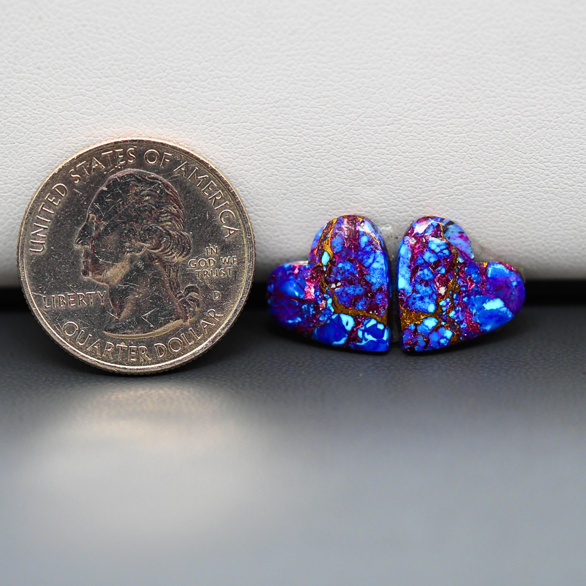 Stabilized Purple Mohave (Mojave) Turquoise heart cabochon pair 14x13x3mm 9.5ct - purple with blue Kingman turquoise nuggets - photo 1 - Pedra Gems.