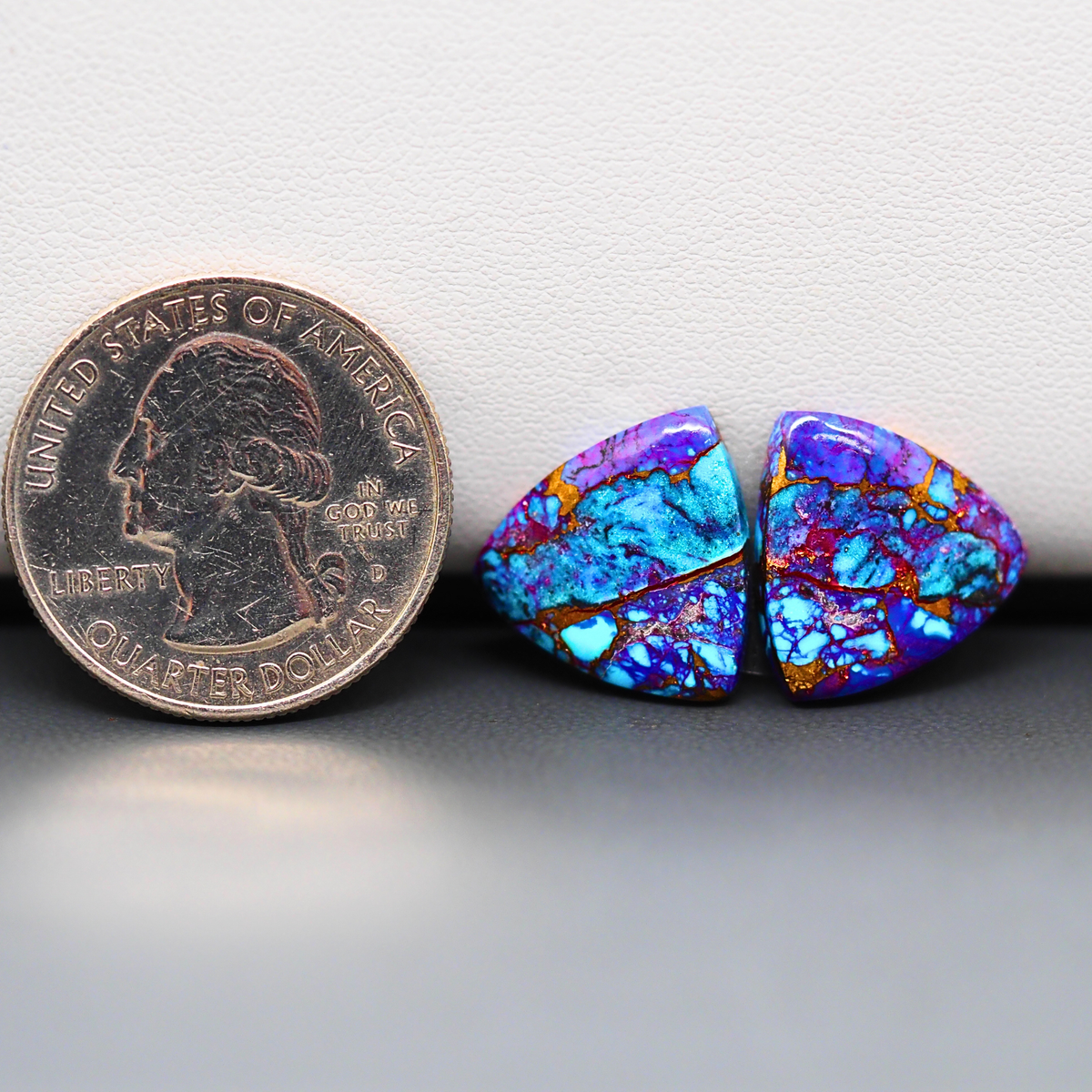 Stabilized Purple Mohave (Mojave) Turquoise trapezoid cabochon pair 16x16x3mm 14ct - purple with blue Kingman turquoise nuggets - photo 1 - Pedra Gems.