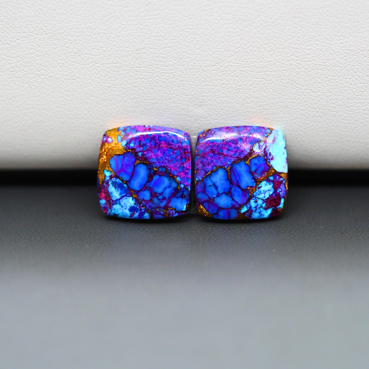 Stabilized Purple Mohave (Mojave) Turquoise cushion cabochon pair 24x14x3mm 15.5ct - purple with blue Kingman turquoise nuggets - photo 2 - Pedra Gems.