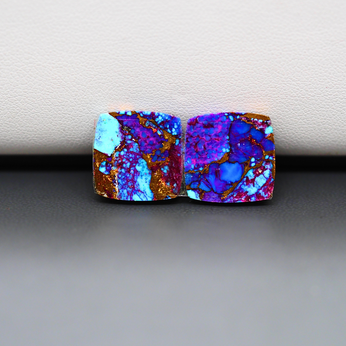 Stabilized Purple Mohave (Mojave) Turquoise cushion cabochon pair 24x14x3mm 15.5ct - purple with blue Kingman turquoise nuggets - photo 3 - Pedra Gems.