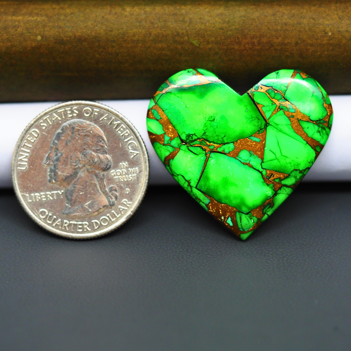 Natural Emerald Dahlia Heart Cabochon 29x31mm 33.5ct - vivid green with copper matrix, ships to Europe, Japan, Canada, Australia, NZ & worldwide - Pedra Gems.