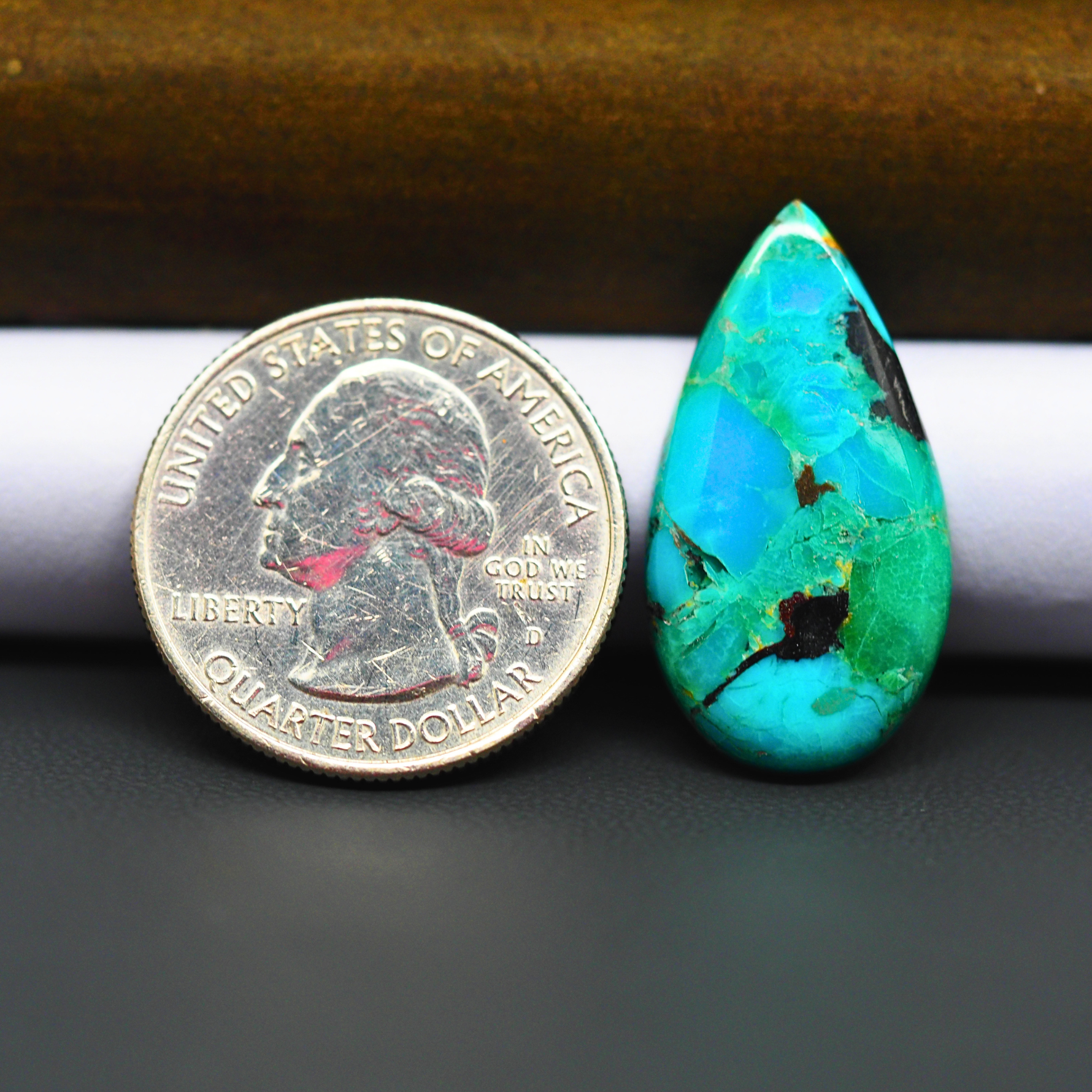 Mohave Turquoise & White Buffalo Pear Cabochon 28x15mm 11ct - Green and Blue with Black Inclusions - Pedra Gems