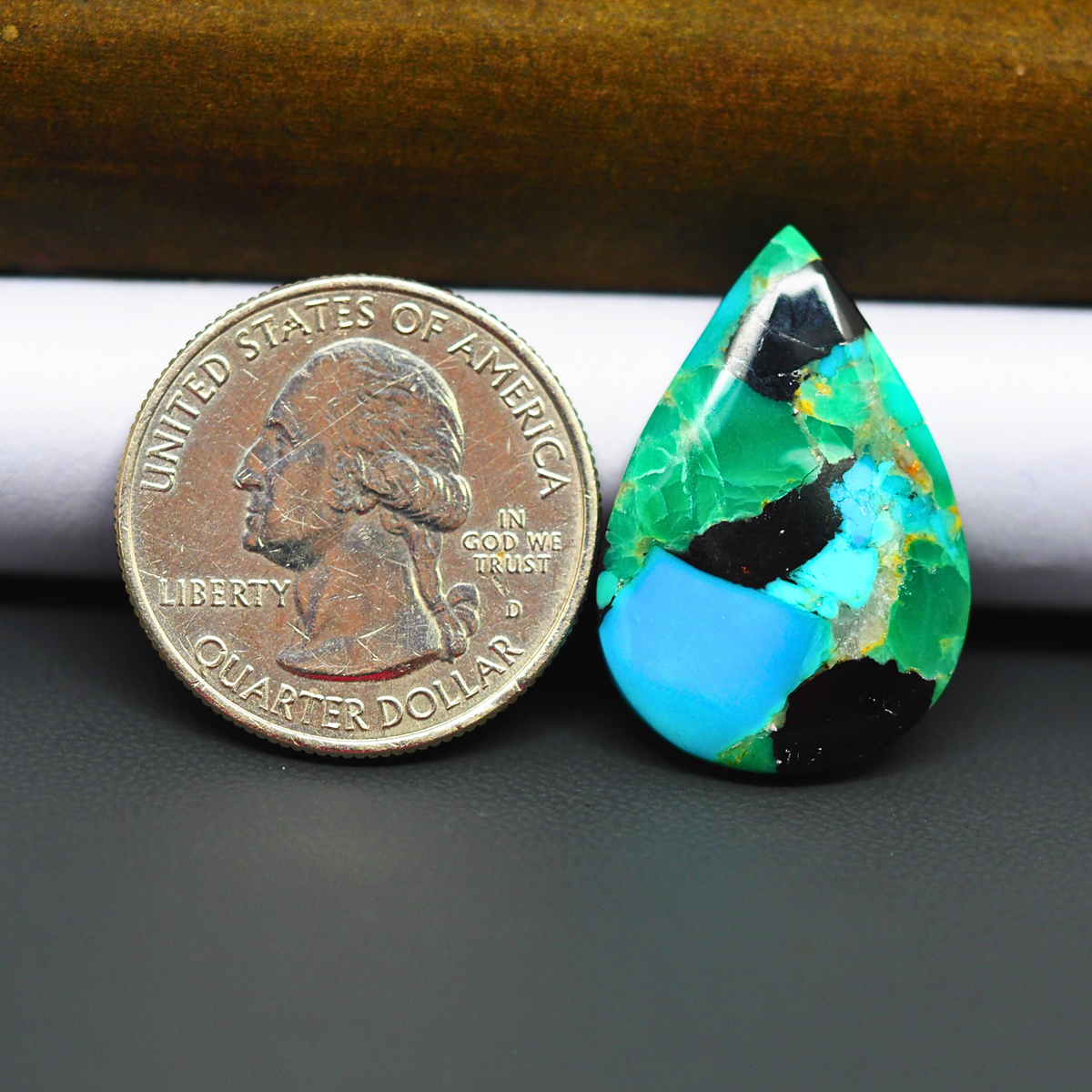 Mohave Turquoise & White Buffalo Pear Cabochon 27x19mm 14ct - Green and Blue with Black Patches - Pedra Gems