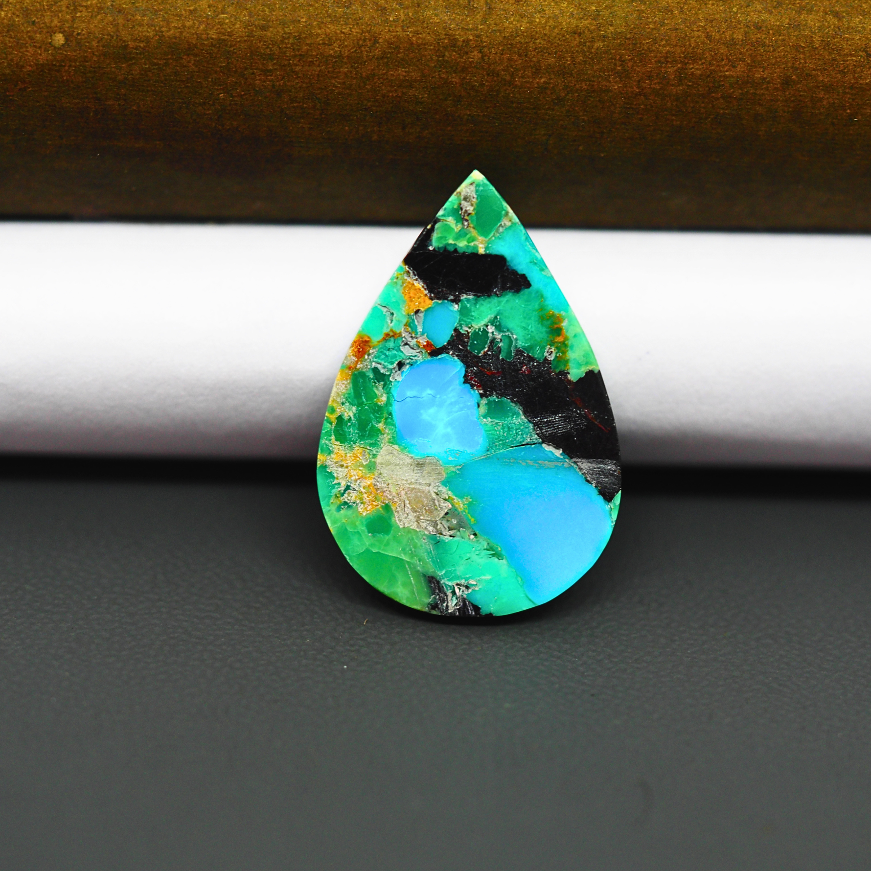 Mohave Turquoise & White Buffalo Pear Cabochon 27x19mm 14ct - Green and Blue with Black Patches - Pedra Gems
