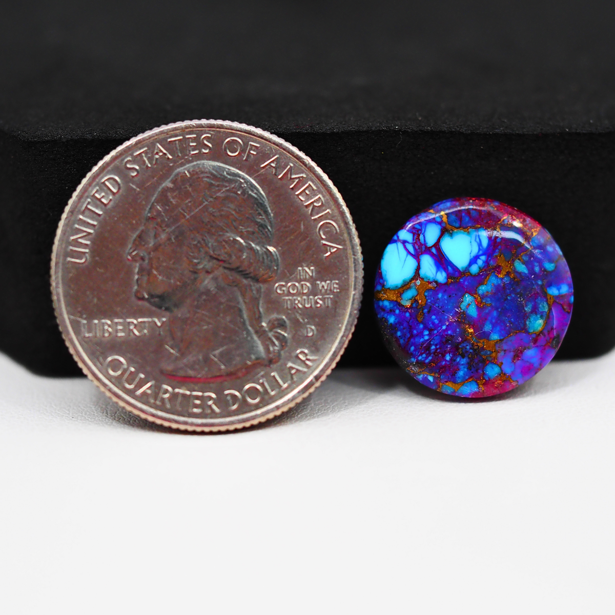 Stabilized Purple Mohave (Mojave) Turquoise Round Cabochon 16x16x6mm 6ct - purple with blue Kingman turquoise nuggets and bronze veining - Pedra Gems.