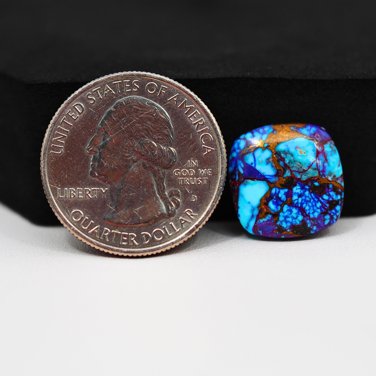 Stabilized Purple Mohave (Mojave) Turquoise Cushion Cabochon 15x15x3mm 7.5ct - purple with blue Kingman turquoise nuggets and bronze veining - Pedra Gems.