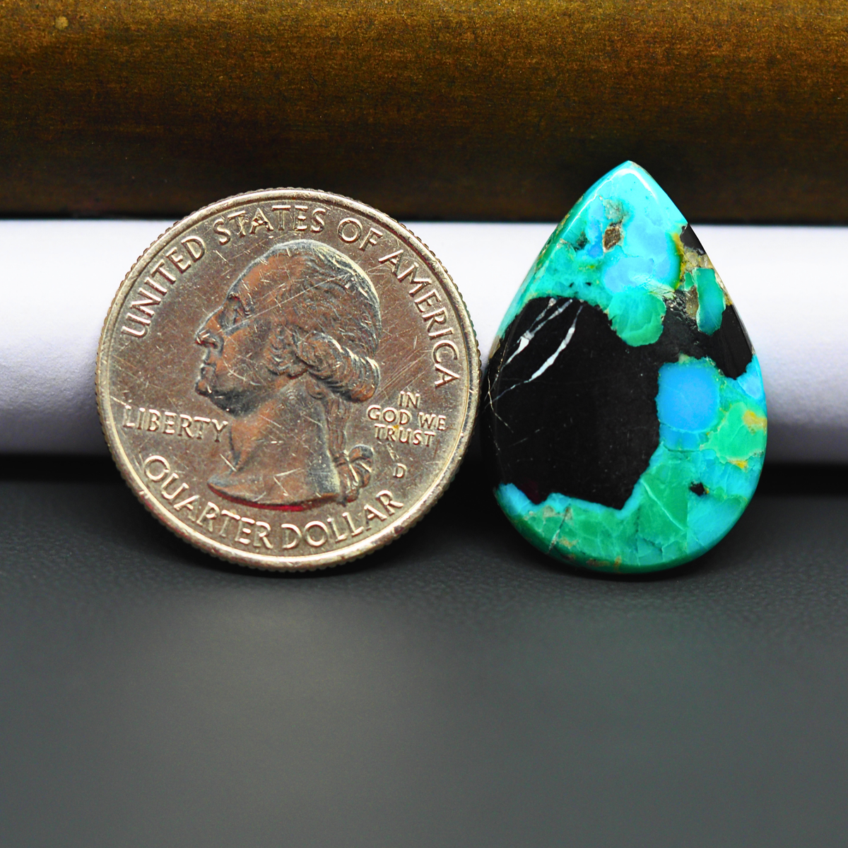 Mohave Turquoise & White Buffalo Pear Cabochon 26x18mm 11ct - Black Panel with Blue and Green - Pedra Gems