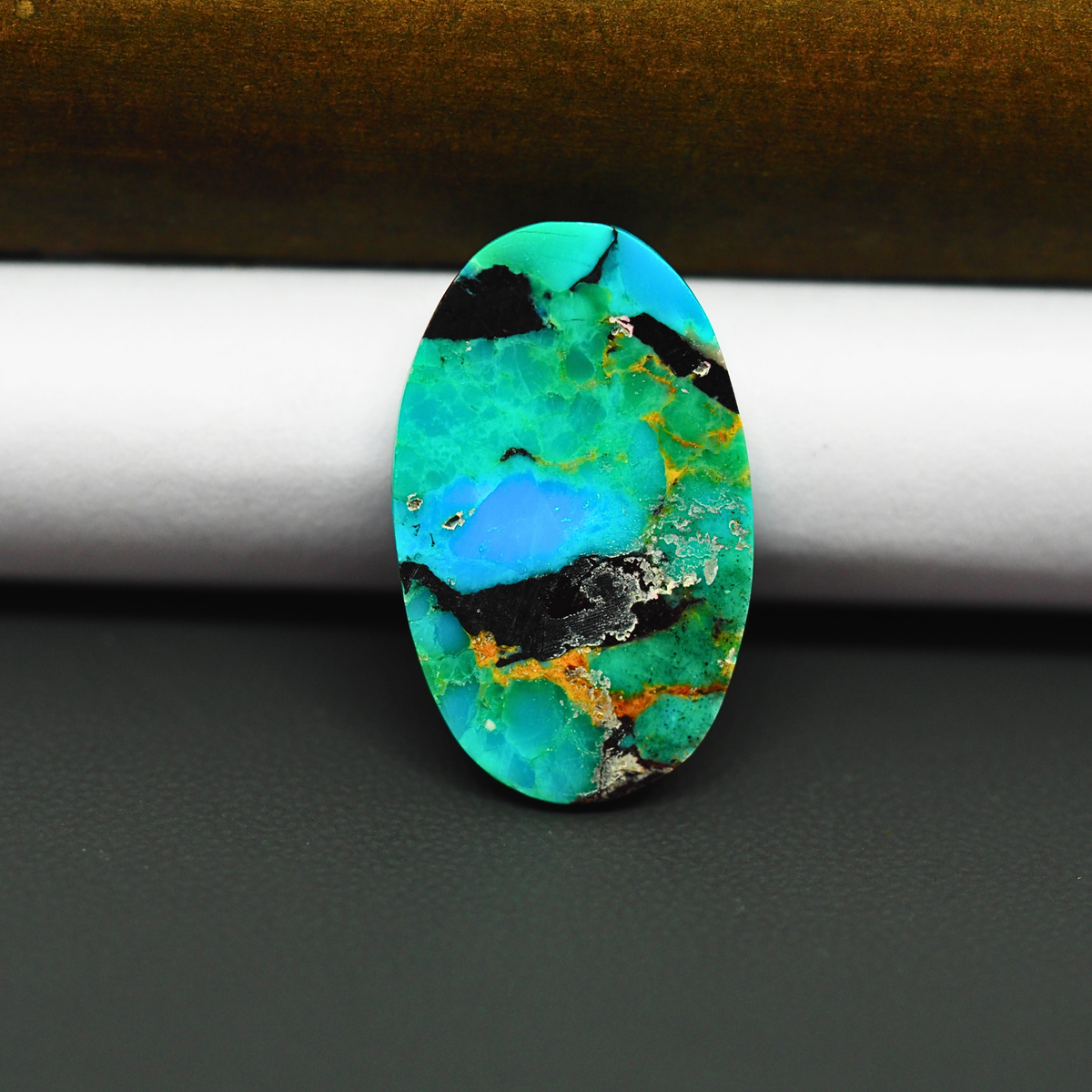 Mohave Turquoise & White Buffalo Oval Cabochon 26x17mm 12ct - Blue and Green with Black Bands - Pedra Gems