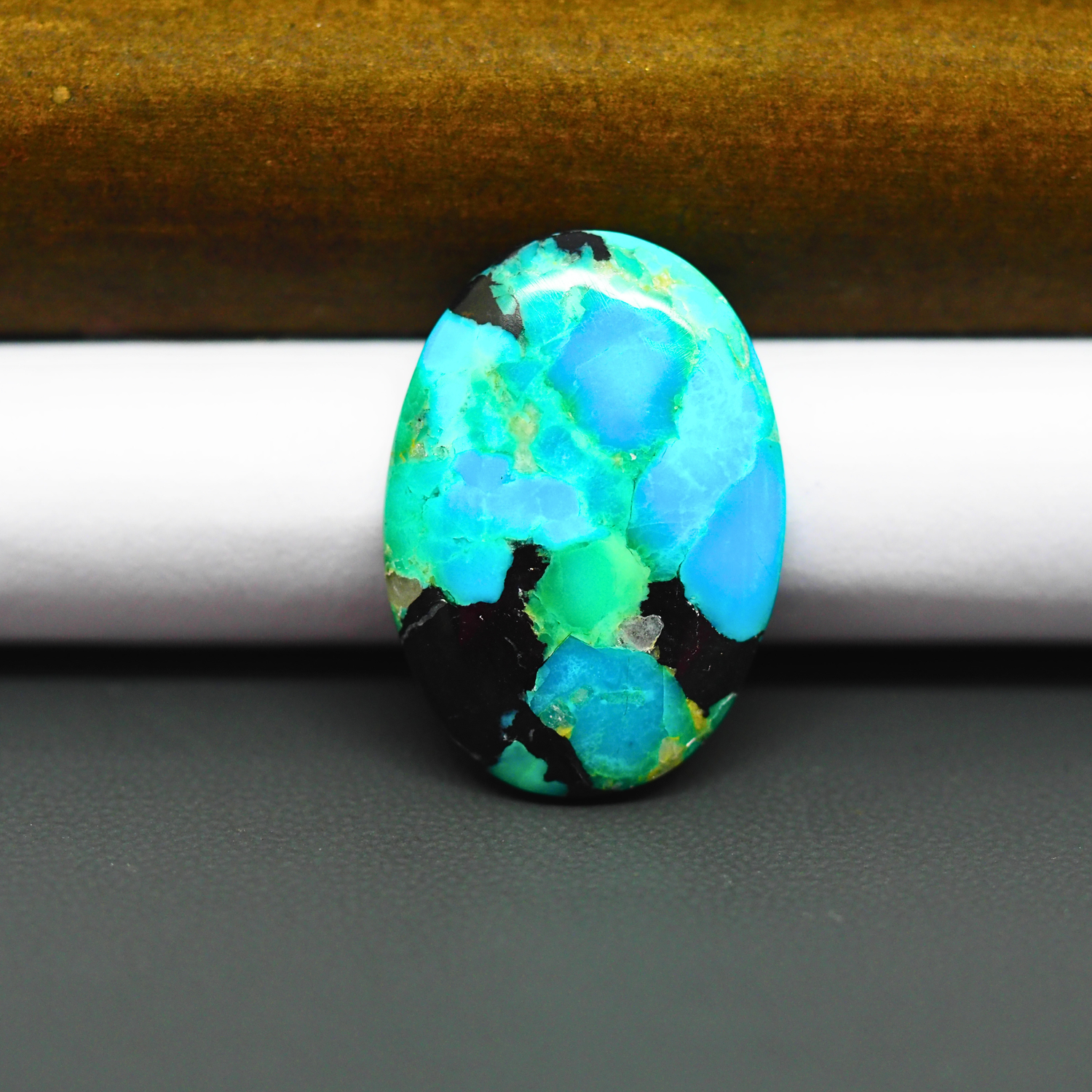 Mohave Turquoise & White Buffalo Oval Cabochon 27x19mm 17.5ct - Blue and Green Mosaic with Black - Pedra Gems