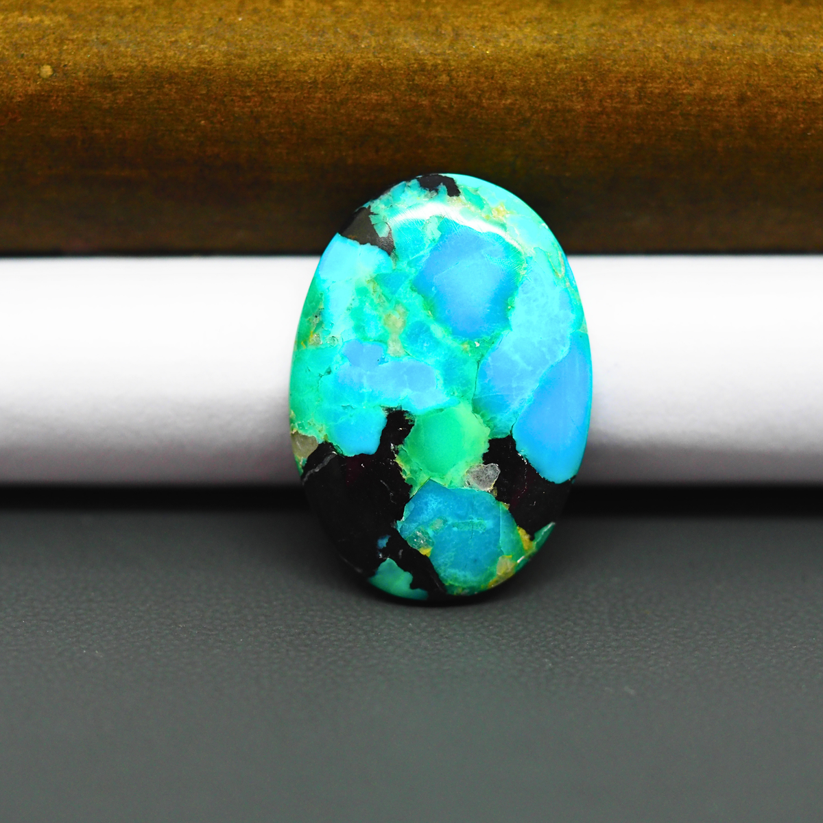 Mohave Turquoise & White Buffalo Oval Cabochon 27x19mm 17.5ct - Blue and Green Mosaic with Black - Pedra Gems
