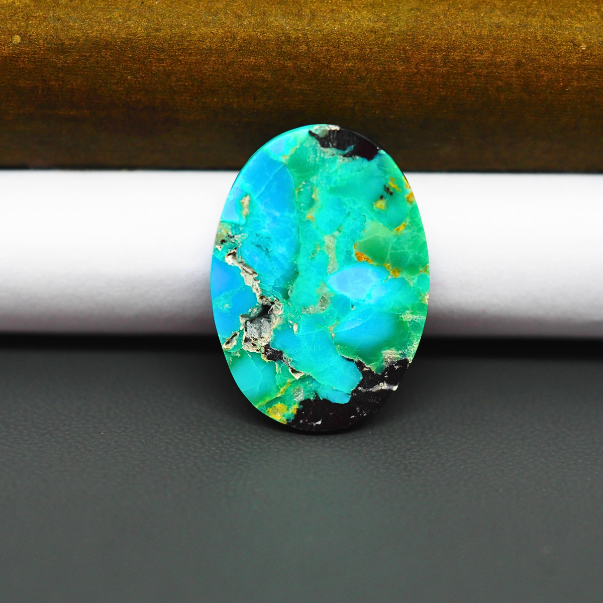 Mohave Turquoise & White Buffalo Oval Cabochon 27x19mm 17.5ct - Blue and Green Mosaic with Black - Pedra Gems