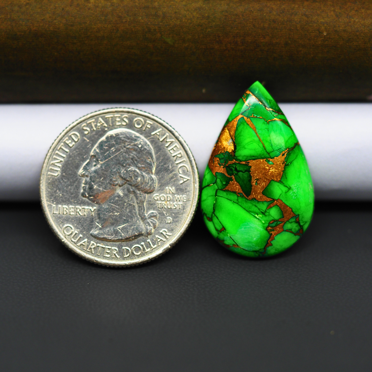 Natural Emerald Dahlia Pear Cabochon 26x17mm 15ct - vivid green with copper matrix, ships to Europe, Japan, Canada, Australia, NZ & worldwide - Pedra Gems.