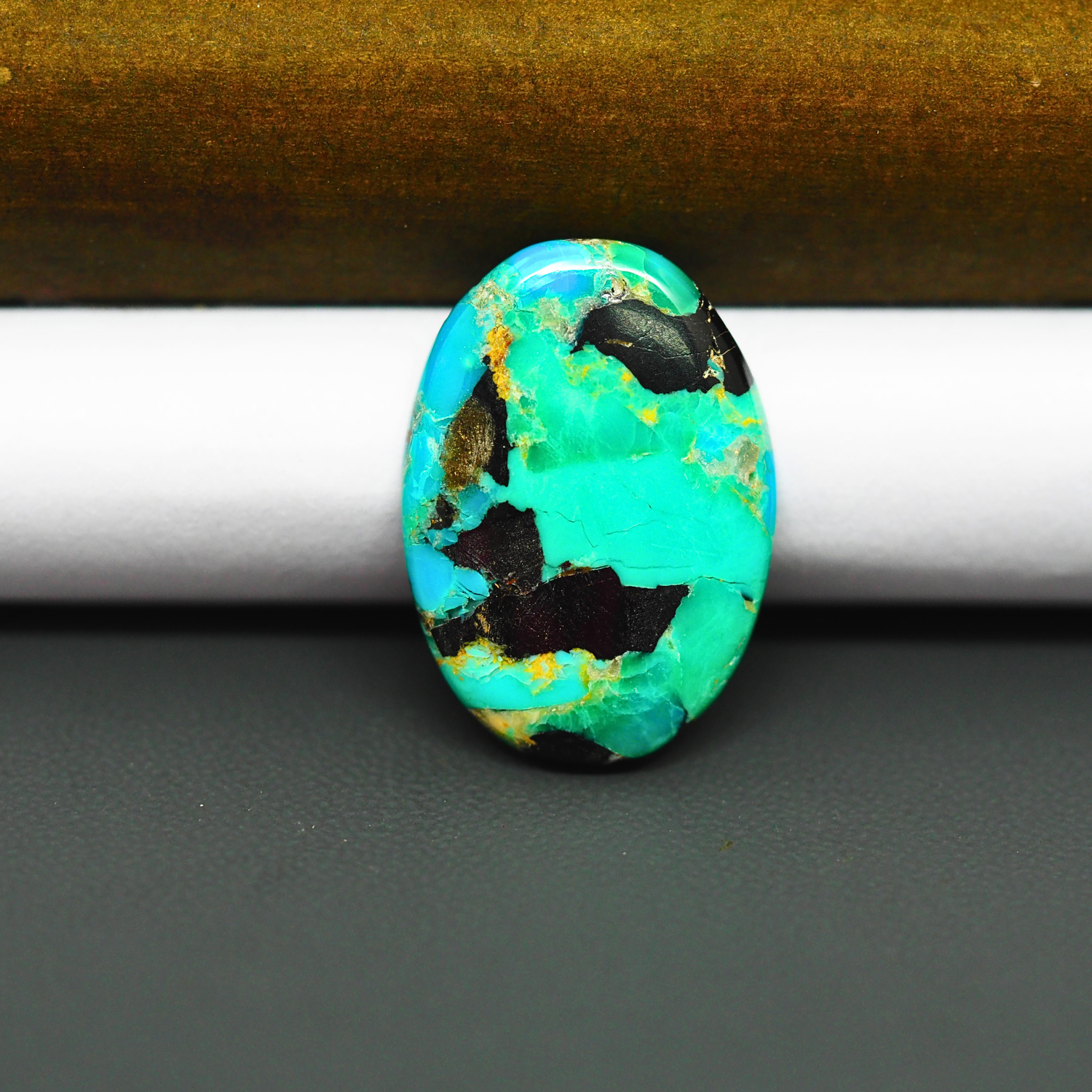 Mohave Turquoise & White Buffalo Oval Cabochon 26x18mm 13ct - Green and Blue with Black Patches - Pedra Gems