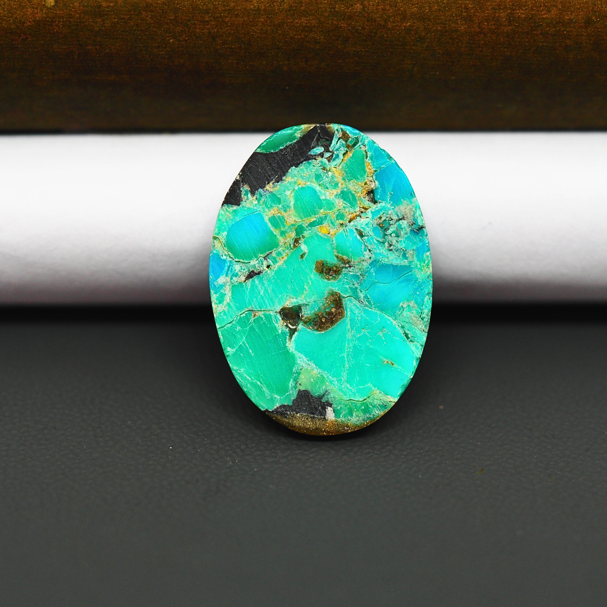 Mohave Turquoise & White Buffalo Oval Cabochon 26x18mm 13ct - Green and Blue with Black Patches - Pedra Gems