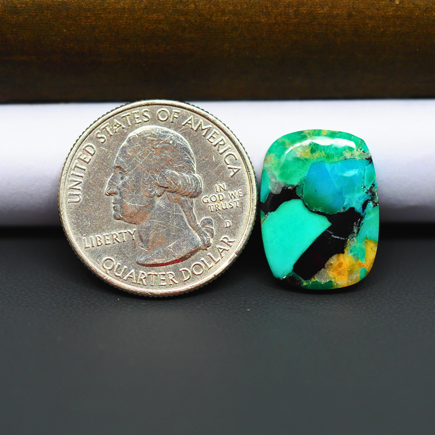 Mohave Turquoise & White Buffalo Cushion Cabochon 19x14mm 8.5ct - Green and Blue with Black and Yellow - Pedra Gems