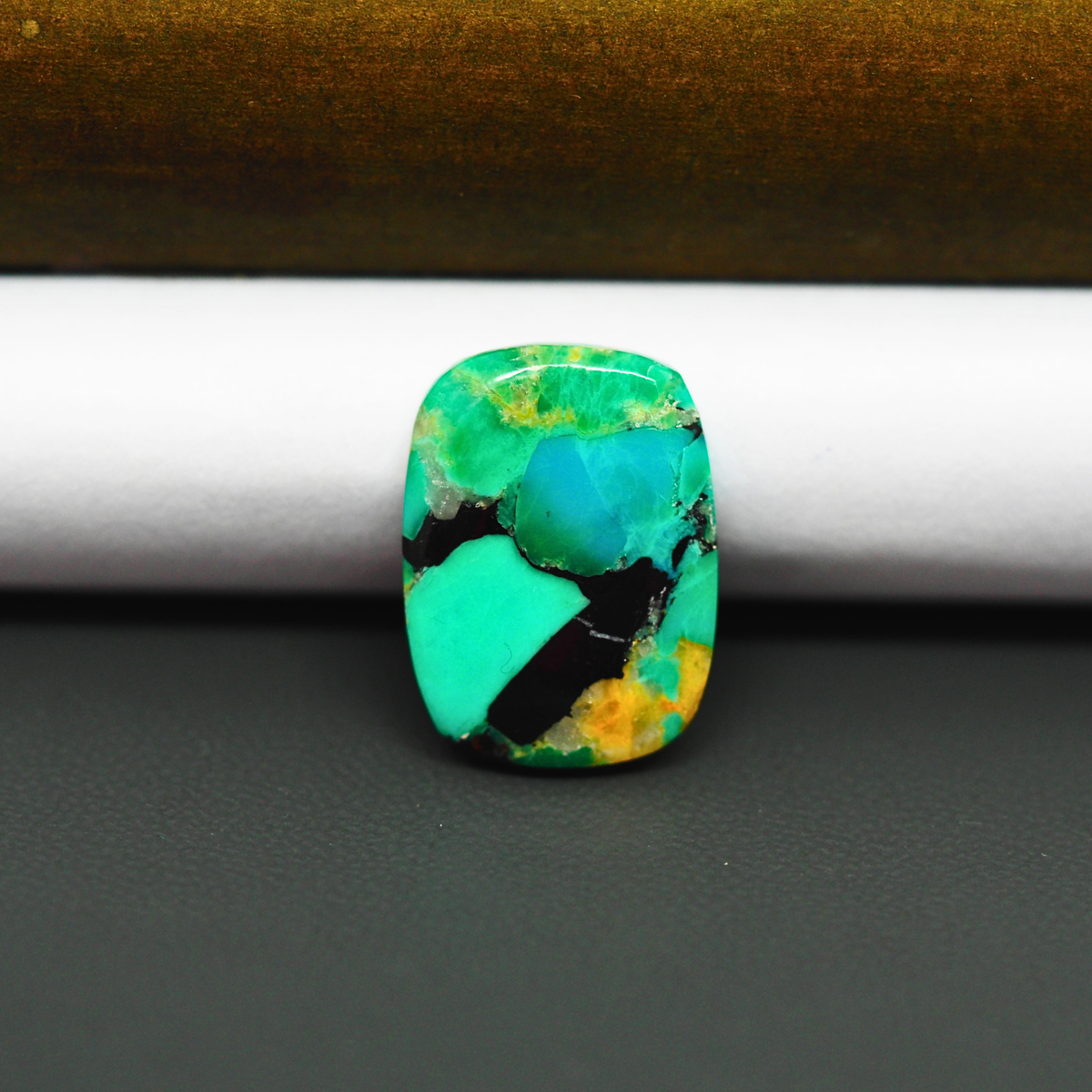 Mohave Turquoise & White Buffalo Cushion Cabochon 19x14mm 8.5ct - Green and Blue with Black and Yellow - Pedra Gems