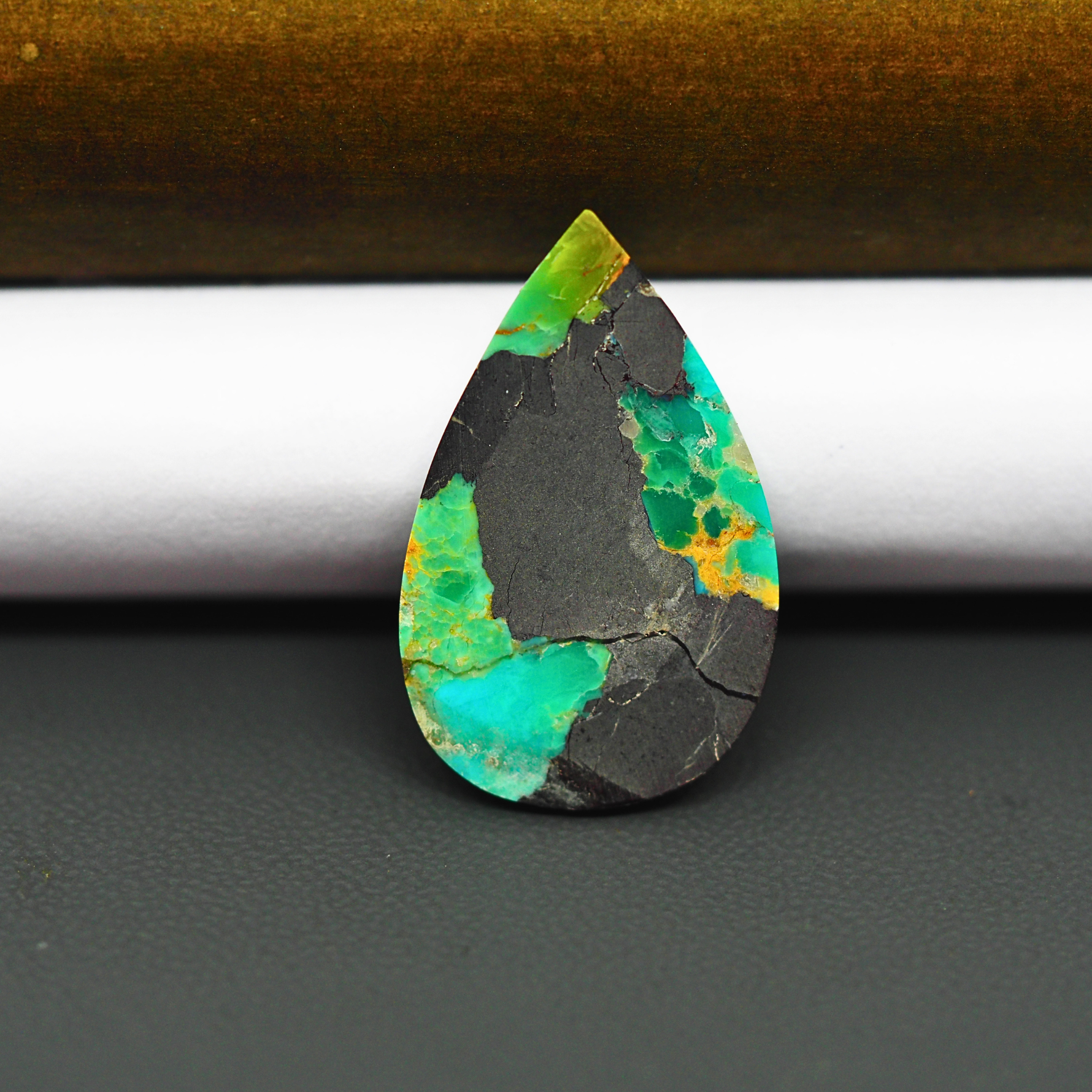 Mohave Turquoise & White Buffalo Pear Cabochon 27x17mm 10ct - Blue and Green with Bold Black Band - Pedra Gems